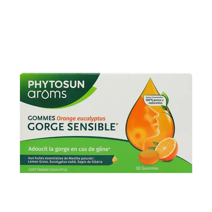 Gorge sensible goût orange eucalyptus Phytosun Arôms- boite de 30 gommes