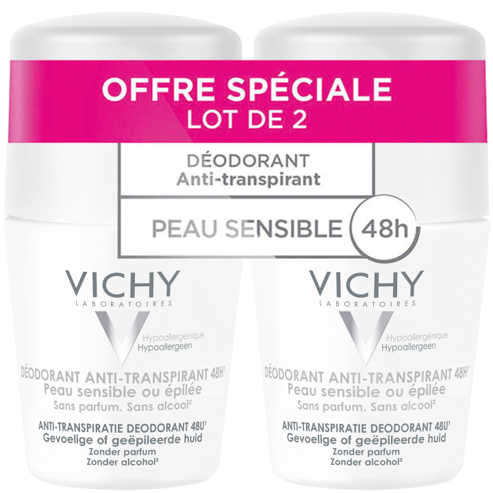 Déodorant anti-transpirant 48h peau sensible ou épilée Vichy - lot de 2 Roll-on bille de 50 ml