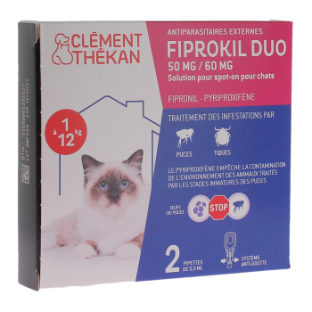 Fiprokil duo antiparasitaire chats 1 à 12kg 50/60mg Clément thékan - boite de 2 pipettes de 0,5ml