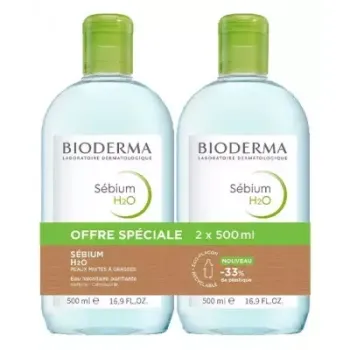 Sébium H2O Eau micellairebpurifiante Bioderma - 2 flacons de 500ml