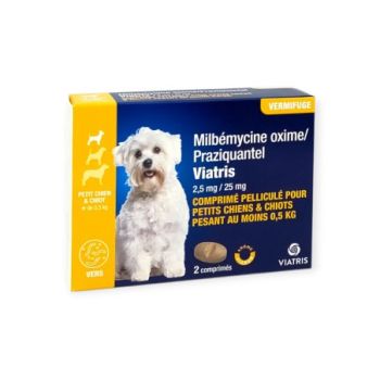 Milbémycine Praziquantel Vermifuge petit chien et chiot +0,5kg arôme viande Viatris - boite de 2 comprimés