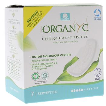 Serviettes hygiéniques nuit flux extra Organyc - boite de 7 serviettes