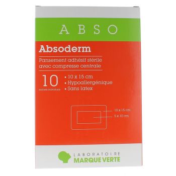 Absoderm Pansements adhésifs stériles avec compresse centrale 10x15cm Marque verte - boîte de 10 sachets individuels