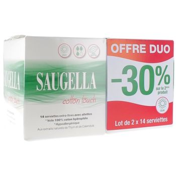 Cotton Touch Serviettes extra-fines avec ailettes jour Saugella - lot de 2 boîtes de 14 serviettes
