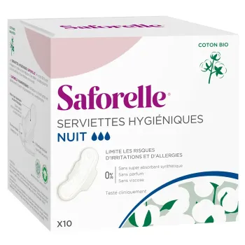 Serviettes hygiéniques nuit en coton bio Saforelle - boîte de 10 serviettes