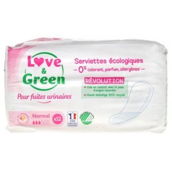 Serviettes écologiques fuites urinaires normal Love & Green - sachet de 12 serviettes