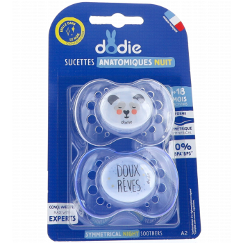 Sucettes anatomiques silicone nuit +18 mois bleu Dodie - 2 sucettes