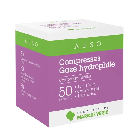 Compresses gaze hydrophile Abso Marque Verte - boite de 50 sachets de 2