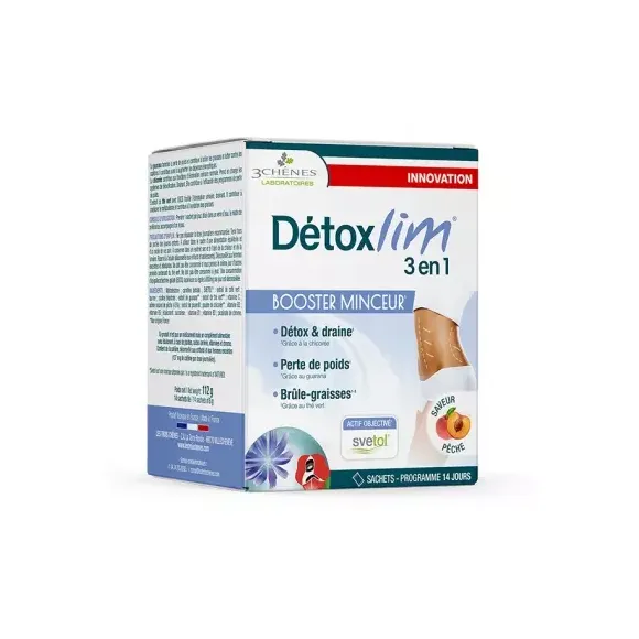 Détoxlim 3 en 1 booster minceur saveur pêche 3 Chênes - 14 sachets de 8g