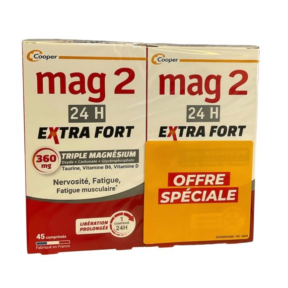 Mag2 extra fort 24h Cooper - offre spéciale lot de 2 boîtes de 45 comprimés
