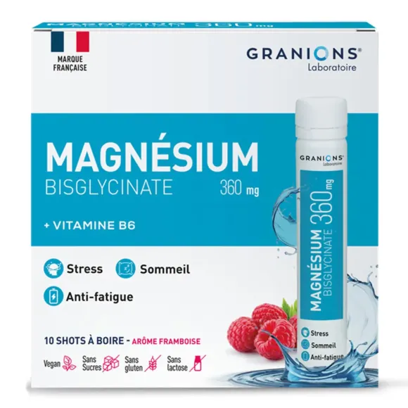 Magnésium Bisglycinate 360mg goût framboise Granions - boîte de 10 shots